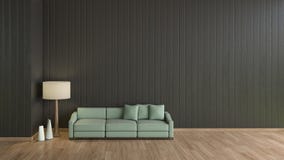 Parete di legno del nero del pavimento del salone interno moderno con il modello verde del sofà per derisione sulla rappresentazi royalty illustrazione gratis Parete di legno del nero del pavimento del salone interno moderno con il modello verde del sofà per derisione sulla rappresentazi royalty illustrazione gratis