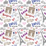 Paris seamless pattern with Hand drawn sketch elements - eiffel tower triumf arch, fashion items. Drawing doodle Stock Photos Paris seamless pattern with Hand drawn sketch elements - eiffel tower triumf arch, fashion items. Drawing doodle Stock Photos