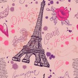 paris Teste padrão sem emenda do vintage com torre Eiffel, flores, penas e texto ilustração do vetor paris Teste padrão sem emenda do vintage com torre Eiffel, flores, penas e texto ilustração do vetor