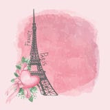 Paris vintage card.Eiffel tower,Watercolor pink