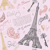 Paris. Vintage seamless pattern with Eiffel Tower, ancient keys, feathers and hand drawn lettering. stock illustration Paris. Vintage seamless pattern with Eiffel Tower, ancient keys, feathers and hand drawn lettering. stock illustration