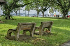 Park benches at the park with a Cat resting in one stock photography Park benches at the park with a Cat resting in one stock photography