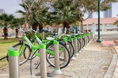 Parking green bikes for rent in Tel Aviv stock image Parking green bikes for rent in Tel Aviv stock image
