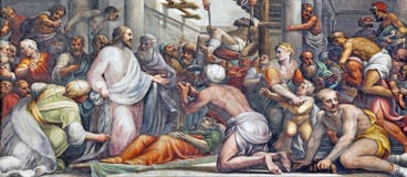 PARMA, ITALY - APRIL 16, 2018: The fresco Jesus at the healing in Duomo by Lattanzio Gambara 1567 - 1573 royalty free stock photos PARMA, ITALY - APRIL 16, 2018: The fresco Jesus at the healing in Duomo by Lattanzio Gambara 1567 - 1573 royalty free stock photos
