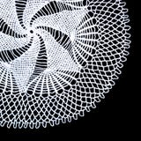 A part of isolated crocheted white doily with a pattern of spiral and fans on a black background. Round decorative doily royalty free stock images A part of isolated crocheted white doily with a pattern of spiral and fans on a black background. Round decorative doily royalty free stock images