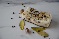 Parte saboroso de banha com pimenta, folhas de louro e garlinc na tabela branca na cozinha fotos de stock Parte saboroso de banha com pimenta, folhas de louro e garlinc na tabela branca na cozinha fotos de stock