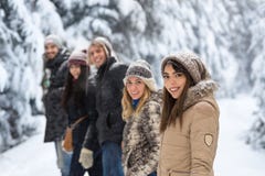 Passeio de Forest Happy Smiling Young People da neve do grupo dos amigos exterior fotografia de stock royalty free Passeio de Forest Happy Smiling Young People da neve do grupo dos amigos exterior fotografia de stock royalty free