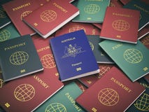 Passeport d'Australie sur la pile de différents passeports Immigr illustration stock Passeport d'Australie sur la pile de différents passeports Immigr illustration stock