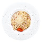 Pasta carbonara isolated. Tagliatelli with becon Royalty Free Stock Photos Pasta carbonara isolated. Tagliatelli with becon Royalty Free Stock Photos