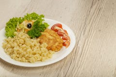 Pasta with a piece of grilled meat and salad. royalty free stock image Pasta with a piece of grilled meat and salad. royalty free stock image