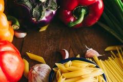 Pasta and vegetables ingredients stock images Pasta and vegetables ingredients stock images