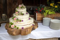 Pastel de bodas blanco con las rosas y las flores rosadas en un árbol del corte fotografía de archivo libre de regalías Pastel de bodas blanco con las rosas y las flores rosadas en un árbol del corte fotografía de archivo libre de regalías