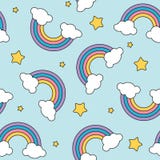 Pastellregenbogen und nahtloses Muster der Sterne auf blauem Hintergrund mit schwarzem Entwurf Stockbilder Pastellregenbogen und nahtloses Muster der Sterne auf blauem Hintergrund mit schwarzem Entwurf Stockbilder