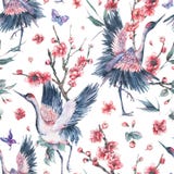 Patern sem emenda da aquarela com guindaste, sutiã de florescência das flores cor-de-rosa ilustração do vetor Patern sem emenda da aquarela com guindaste, sutiã de florescência das flores cor-de-rosa ilustração do vetor