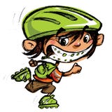 Patinaje sonriente de los apoyos locos felices del muchacho de la historieta con la cuchilla del rodillo stock de ilustración Patinaje sonriente de los apoyos locos felices del muchacho de la historieta con la cuchilla del rodillo stock de ilustración