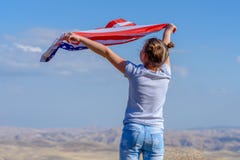 Patriotic holiday. Happy kid, cute little child girl with American flag. USA celebrate 4th of July. stock images Patriotic holiday. Happy kid, cute little child girl with American flag. USA celebrate 4th of July. stock images