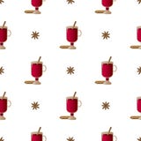 Patroonillustratie met samenstelling van pijpjes kaneel, Ierse glazen met overwogen wijn en cardamon stock illustratie Patroonillustratie met samenstelling van pijpjes kaneel, Ierse glazen met overwogen wijn en cardamon stock illustratie