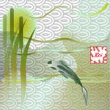 Pattern with fish and sunset, Koi carp on traditional Japanese background. Monochrome pastel soft brown, blue and gold. vector illustration Pattern with fish and sunset, Koi carp on traditional Japanese background. Monochrome pastel soft brown, blue and gold. vector illustration