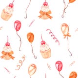 Pattern made from a set of watercolor vintage illustrations on the theme of birthday. Cupcake, balloons, confetti