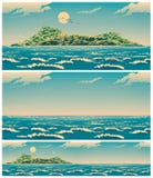Paysage de la mer ouverte avec la rétro affiche d'île Image libre de droits Paysage de la mer ouverte avec la rétro affiche d'île Image libre de droits
