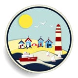Paysage marin avec l'insigne de phare et de bateaux illustration stock Paysage marin avec l'insigne de phare et de bateaux illustration stock