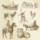 Paysage rural, ferme, moulin à vent tiré par la main illustration stock Paysage rural, ferme, moulin à vent tiré par la main illustration stock