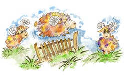 Pecore felici che saltano sopra il recinto illustrazione vettoriale Pecore felici che saltano sopra il recinto illustrazione vettoriale