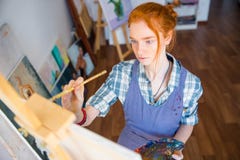 Peintre concentré de femme tenant la palette d'art et la peignant sur la toile photo libre de droits Peintre concentré de femme tenant la palette d'art et la peignant sur la toile photo libre de droits