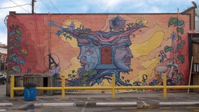 Peinture murale de ` de Janus de ` par Dan Colcer, Ellum profond, le Texas images stock Peinture murale de ` de Janus de ` par Dan Colcer, Ellum profond, le Texas images stock