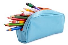 Pencil case full with pens and pencils, isolated on white background