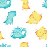 Pencil hand-drawn colored seamless repeating children pattern with cute dinosaurs in Scandinavian style on a blue