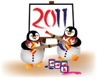 Penguins painting year 2011. Penguins having fun painting year 2011 on canvas royalty free illustration Penguins painting year 2011. Penguins having fun painting year 2011 on canvas royalty free illustration
