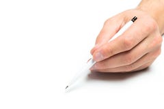 Penna di tenuta della mano degli uomini su backgroung isolato, fine su fotografia stock Penna di tenuta della mano degli uomini su backgroung isolato, fine su fotografia stock