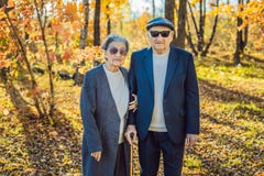 Pensionärer i solglasögon i höstskogpensionärerna som gangster royaltyfria foton Pensionärer i solglasögon i höstskogpensionärerna som gangster royaltyfria foton