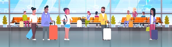 People In Airport Travelers With Baggage At Waiting Hall Or Departure Lounge Terminal Horizontal Banner stock illustration People In Airport Travelers With Baggage At Waiting Hall Or Departure Lounge Terminal Horizontal Banner stock illustration