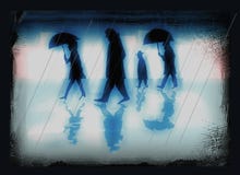 People in a city on a rainy day - illustration in subdued blue colors