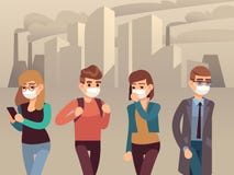People city smog. Man woman protective face masks industrial smog dust pollution toxic air harmful environmental, flat royalty free illustration People city smog. Man woman protective face masks industrial smog dust pollution toxic air harmful environmental, flat royalty free illustration
