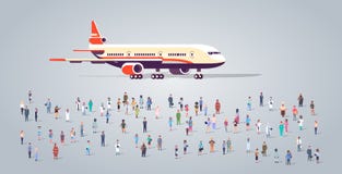 People group on airport terminal with aircraft flying plane different occupation employees mix race workers crowd vector illustration People group on airport terminal with aircraft flying plane different occupation employees mix race workers crowd vector illustration