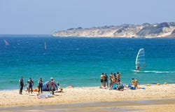 People On Busy Active Kitesurfing Beach In Spain Stock Images People On Busy Active Kitesurfing Beach In Spain Stock Images