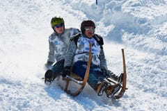 People ride traditional horn-sledge at 12-th annual Horn-Sledge Race from Alpiglen to Grund in Grindelwald, Switzerland. stock images People ride traditional horn-sledge at 12-th annual Horn-Sledge Race from Alpiglen to Grund in Grindelwald, Switzerland. stock images