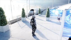 People and robots. Sci fi station. Futuristic monorail transport. Concept of future. 3d rendering. stock illustration People and robots. Sci fi station. Futuristic monorail transport. Concept of future. 3d rendering. stock illustration