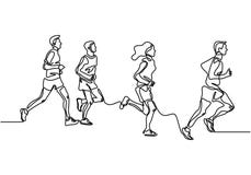 people running one line drawing vector illustration. Group of man and women doing exercise for healthy life. Vector illustration