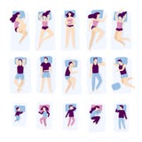 People sleeping poses. Adult and child sleep pose. Man on pillow, woman and young kids sleeping in bed isolated vector royalty free illustration People sleeping poses. Adult and child sleep pose. Man on pillow, woman and young kids sleeping in bed isolated vector royalty free illustration