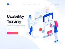 People testing the interface and usability of a mobile application. Isometric illustration. Landing page template. royalty free illustration People testing the interface and usability of a mobile application. Isometric illustration. Landing page template. royalty free illustration