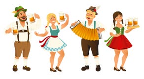 People in traditional German, Bavarian costume holding beer mugs, Oktoberfest, cartoon vector illustration isolated on Stock Images People in traditional German, Bavarian costume holding beer mugs, Oktoberfest, cartoon vector illustration isolated on Stock Images