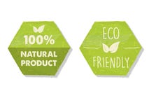 100 percent natural and eco friendly with leaf sign in green hex
