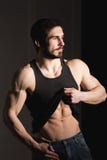 Perfect mężczyzna pokazuje jego sześć paczek abs Mięśniowa i dysponowana półpostać młoda samiec Kawał chłopa z sportową ciała mie Obraz Royalty Free Perfect mężczyzna pokazuje jego sześć paczek abs Mięśniowa i dysponowana półpostać młoda samiec Kawał chłopa z sportową ciała mie Obraz Royalty Free