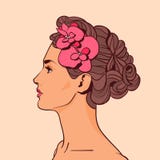 Perfil bonito da mulher com as flores na menina atrativa do penteado elegante no fundo bege ilustração do vetor Perfil bonito da mulher com as flores na menina atrativa do penteado elegante no fundo bege ilustração do vetor