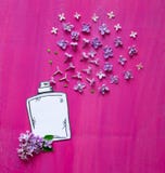 Perfume bottle and fresh flowers on pink wooden background royalty free stock photography Perfume bottle and fresh flowers on pink wooden background royalty free stock photography