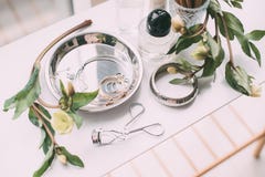 Perfumery and cosmetics on a dressing table in daylight Stock Photo Perfumery and cosmetics on a dressing table in daylight Stock Photo